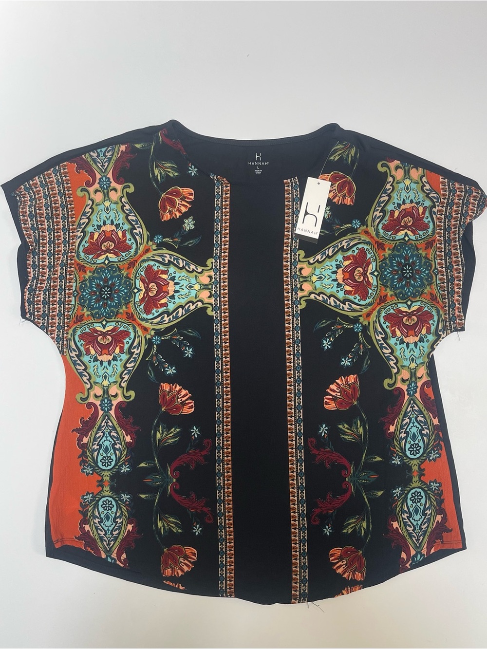Hannah Boho Floral Paisley Short Sleeve Top Black Multicolor NWT Size Large